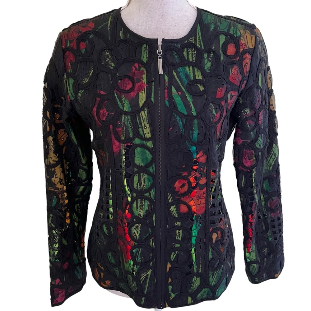 Chico's Multicolor Floral with Appliqué Mesh Overlay "Fiorenza Floral" Jacket